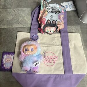 Trader Joe’s mini canvas tote bag purple and big into energy Labubu Luck